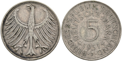 ФРГ 5 марок 1951 J (Гамбург), J. 387, KM 112.1 серебро 4565-121