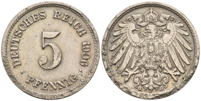 Германия 5 пфеннигов 1906 A KM 11, J. 12 медно-никель 4151-449