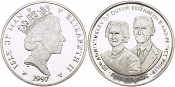 Остров Мэн 5 фунтов 1997 АА, Елизавета и Филипп, золотая свадьба, тираж 5000 экз., микроцарапины КМ 769a серебро PROOF 1081-9-23