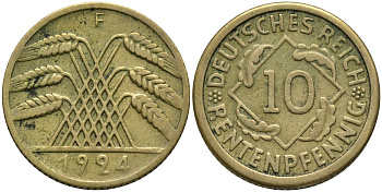 Германия 10 рентенпфеннигов 1924 F KM 33 алюминиевая бронза 4163-756