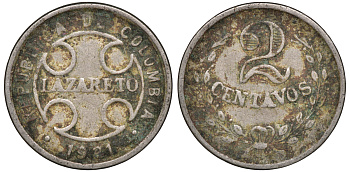 Колумбия 2 сентаво 1921 государственный лепрозорий KM L10 медно-никель 53-1014