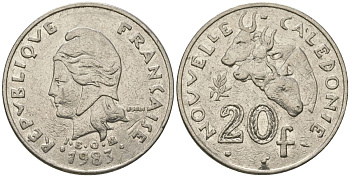 Французская Новая Каледония 20 франков 1983 три быка, (IEOM) KM 12, Schoen 14, Lec 111 никель 71-1412