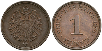 Германия 1 пфенниг 1874 A, Вильгельм I (1871-1888) KM 1, J. 1 медь aUNC 1525-231