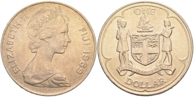 Фиджи 1 доллар 1969 герб, Елизавета II KM 32 медно-никель 4558-122