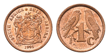 ЮАР 1 цент 1991 герб, капские воробьи KM 132 сталь плакированная медью UNC 4690-1267