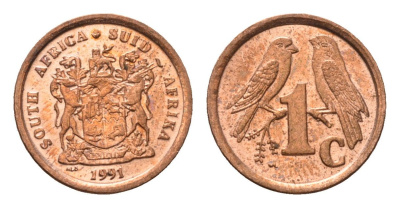 ЮАР 1 цент 1991 герб, капские воробьи KM 132 сталь плакированная медью UNC 4690-1267