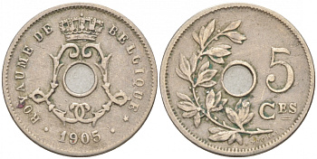 БЕЛЬГИЯ 5 САНТИМОВ 1905 BELGIQUE KM 54 медно-никель 4549-1011