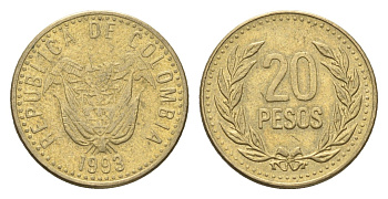 Колумбия 20 песо 1993 KM 282 алюминиевая бронза 4664-465