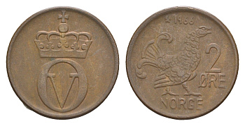 Норвегия 2 эре 1966 глухарь, Улаф V (1958-1991) KM 410 бронза 4649-569