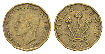 Великобритания 3 пенса 1943 Георг VI (1936-1952) KM 849, Spink 4112 никель латунь 4643-846