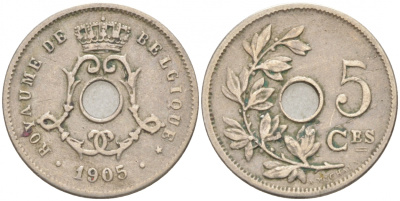 БЕЛЬГИЯ 5 САНТИМОВ 1905 BELGIQUE KM 54 медно-никель 4549-1011
