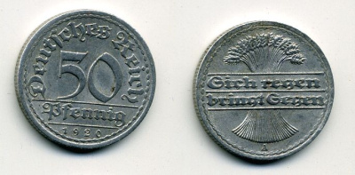 ГЕРМАНИЯ 50 ПФЕННИГОВ 1920 A KM 27, J. 301 алюминий 57-525