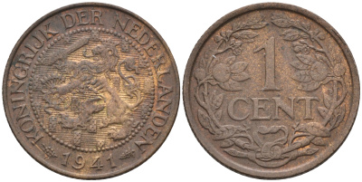 Нидерланды 1 цент 1941 Вильгельмина (1890-1948) KM 152  бронза    4169-227