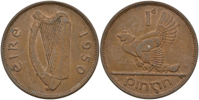 Ирландия 1 пенни 1950 курица с цыплятами KM 11 бронза 4144-1145