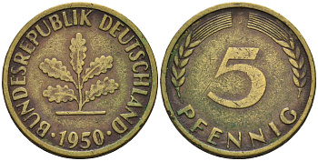 ФРГ 5 ПФЕННИГОВ 1950 J KM 107, J.382 сталь плакированная латунью 75-458