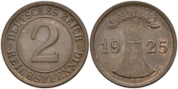 Германия 2 рейхспфеннига 1925 A KM 38, J.314, Weege 4 медь 4584-654