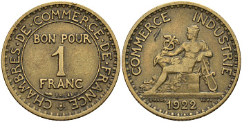 Франция 1 франк 1922 KM 876, Le Franc 218.5 алюминиевая бронза 4142-633