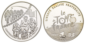 Франция 1 1/2 евро 2003 100 лет велогонкам Тур де Франс, группы велосипедистов, в оригинальной коробке, сертификат KM 1324 серебро  PROOF  1-6-4-60