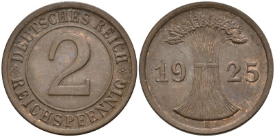 Германия 2 рейхспфеннига 1925 A KM 38, J.314, Weege 4 медь 4584-654