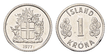 Исландия 1 крона 1977 KM 23 алюминий UNC 4687-812