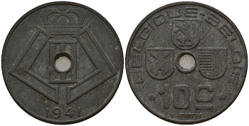 Бельгия 10 сантимов 1941 Belgique - Belgie, Леопольд III (1934-1947), германская оккупация, Вторая мировая война KM 125 цинк 4161-315