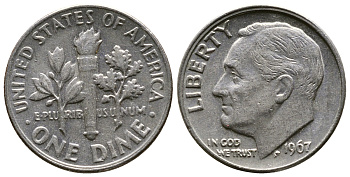 США 10 центов (дайм) 1967 Рузвельт KM 195а медь плакированная медно-никелем 08-1422