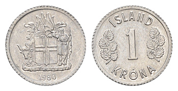 Исландия 1 крона 1980 KM 23 алюминий UNC 4687-824