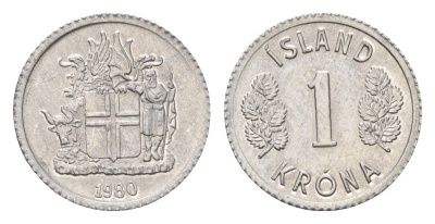 Исландия 1 крона 1980 KM 23 алюминий UNC 4687-824