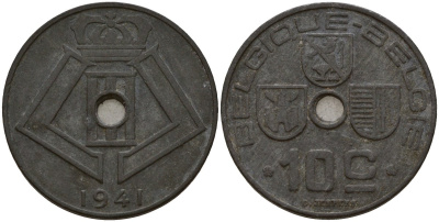 Бельгия 10 сантимов 1941 Belgique - Belgie, Леопольд III (1934-1947), германская оккупация, Вторая мировая война KM 125 цинк 4161-315