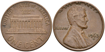 США 1 цент 1963 D, Линкольн KM 201 медь цинк 4115-833