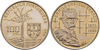 Португалия 100 эскудо 1990 100 лет со дня смерти Камилу Каштелу Бранку KM 656 медно-никель  UNC   4184-1013