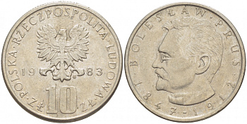 ПОЛЬША 10 ЗЛОТЫХ 1983 MW, БОЛЕСЛАВ ПРУС KM 73 медно-никель 213-825