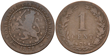 Нидерланды 1 цент 1878 Виллем III (1849-1890) KM 107 бронза 4576-536