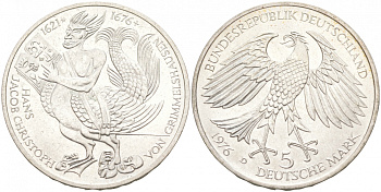 ФРГ 5 МАРОК 1976 D, 300 ЛЕТ СО ДНЯ СМЕРТИ ГАНСА ЯКОБА КРИСТОФФЕЛЯ фон ГРИММЕЛЬСГАУЗЕНА KM 144, J. 419 серебро 3855-625