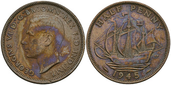Великобритания 1/2 пенни 1945 Георг VI (1936-1952) KM 844, Spink 4115 бронза 4579-155