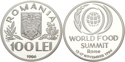 Румыния 100 леев 1996 FAO, мировой саммит продовольствия в Риме ​KM 133 серебро PROOF 1091-2-12