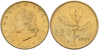 Италия 20 лир 1991 R, дубовый лист KM 97.2 алюминиевая бронза  UNC  4594-812