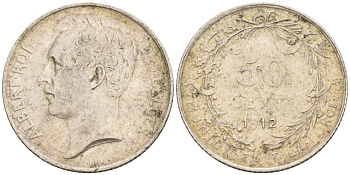 Бельгия 50 сантимов 1912 Belges, Альберт I KM 70 серебро 188-1156