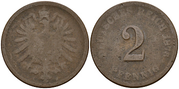 Германия 2 пфеннига 1876 E J.2  KM 2 медь  4598-611