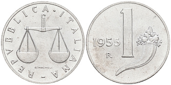 Италия 1 лира 1955 R, весы KM 91 алюминий  UNC  4594-138