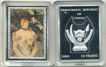 Конго 10 франков 2009 серия шедевры мировой живописи, БЕРТА МОРИЗО, МОЛОДАЯ ЖЕНЩИНА В БАЛЬНОМ ПЛАТЬЕ, серебрение, размер 35Х46 мм., цветная эмаль медно-никель PROOF M43-4