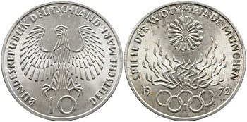 ФРГ 10 марок 1972 J, XX летние Олимпийские игры 1972 года в Мюнхене, олимпийский огонь KM 135, J.405 серебро 1524-843