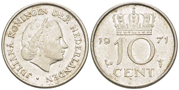 Нидерланды 10 центов 1971 Юлиана (1948-1980) KM 182 никель 214-1252