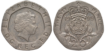 Великобритания 20 пенсов 1999 Елизавета II (1952-2022) KM 990, Spink 4630 (G3) медно-никель 4122-1133