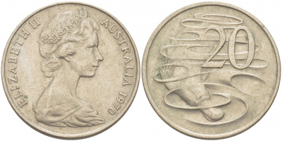 Австралия 20 центов 1970 Елизавета II (1952-2022), утконос KM 66 медно-никель 3457-211