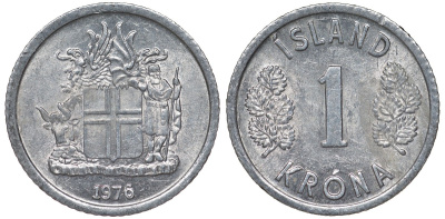 Исландия 1 крона 1976 KM 23 алюминий 4124-459