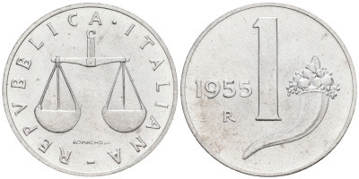 Италия 1 лира 1955 R, весы KM 91 алюминий  UNC  4594-138