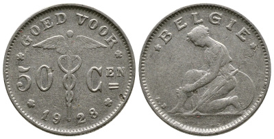 БЕЛЬГИЯ 50 САНТИМОВ 1928 BELGIE KM 88 никель 93-1017