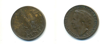 Нидерланды 1 цент 1948 Вильгельмина (1890-1948), год тип KM 175 бронза 80-939