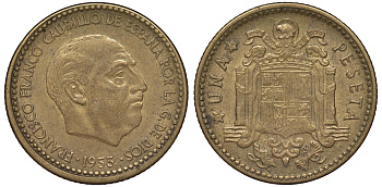 Испания 1 песета 1953 (5?) Франциско Франко KM 775 алюминиевая бронза 4163-114